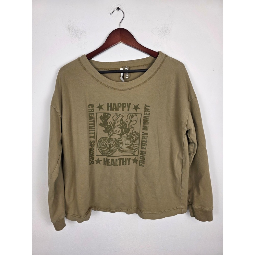 ISCHIKO Women's Olive Green Long Sleeve Graphic Tee Size 8/10 Happy‎ Healthy